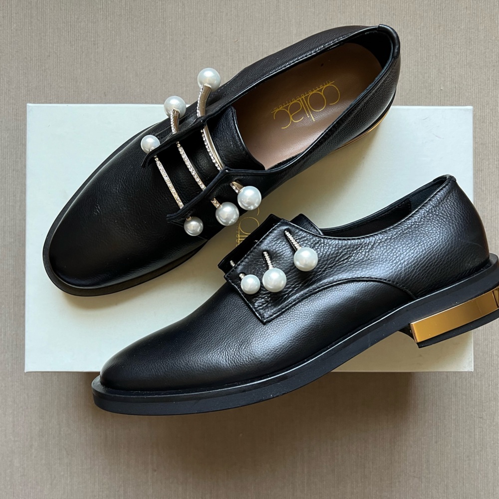 Coliac Pearl Bar Pin Black Oxford Shoes New